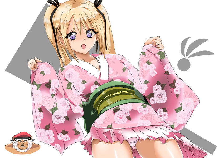 bayman_(doa) blonde_hair blue_eyes dead_or_alive dead_or_alive_5 japanese_clothes kimono long_hair marie_rose panties pantyshot pantyshot_(standing) pink_panties pink_skirt purple_eyes skirt solo standing tanaka_hitoriaruki twintails underwear