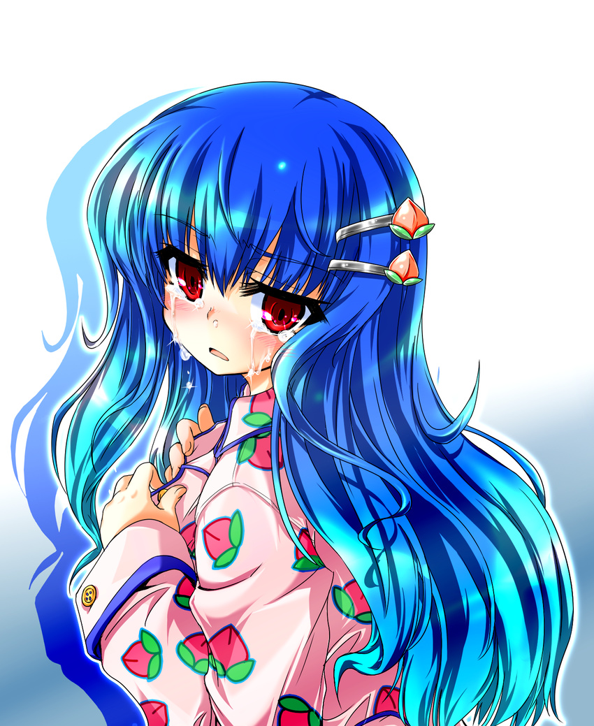 blue_hair hair_ornament hairclip highres hinanawi_tenshi iseno_yajin long_hair pajamas red_eyes solo tears touhou