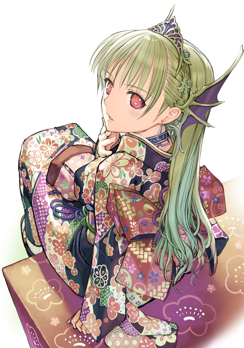 bad_id bad_pixiv_id choker earrings from_behind green_hair headband highres japanese_clothes jewelry kimono long_hair looking_at_viewer looking_back nakabayashi_reimei original red_eyes sitting solo tiara