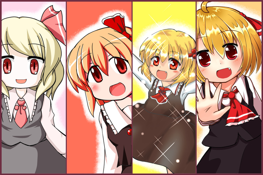 :d aratami_isse blonde_hair fang hair_ribbon jagabutter open_mouth outstretched_arms red_eyes ribbon rokugou_daisuke rumia shirt short_hair skirt slit_pupils smile sparkle spread_arms touhou vest vu_(oyavun)