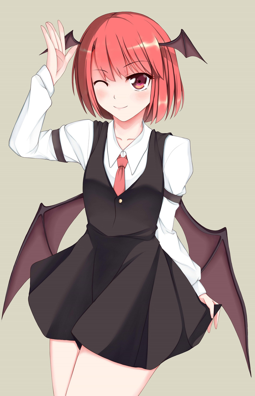 ;) absurdres alternate_hair_length alternate_hairstyle bad_id bad_pixiv_id head_wings highres koakuma necktie one_eye_closed red_eyes red_hair short_hair skirt skirt_set smile solo touhou wendell wings