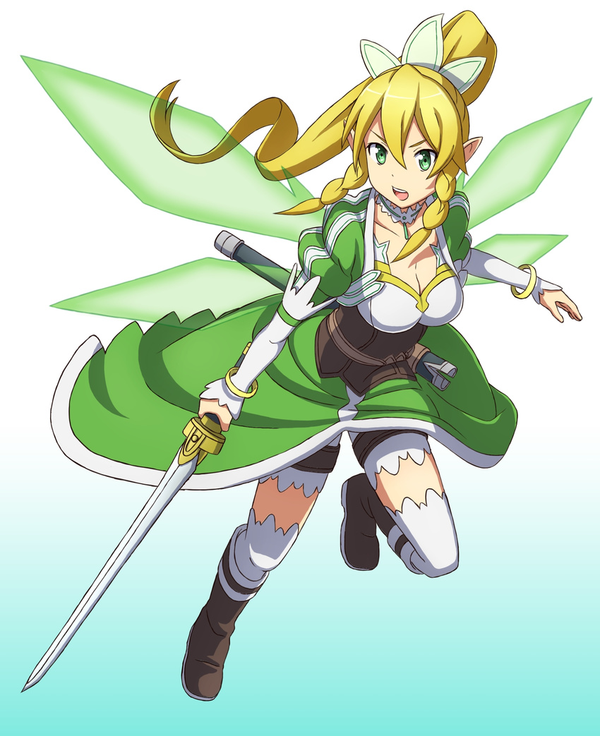 bike_shorts blonde_hair boots breasts brown_footwear fairy_wings green_eyes green_wings highres knee_boots large_breasts leafa long_hair pointy_ears ponytail sheath solo sword sword_art_online weapon wings you_(maumauyo)