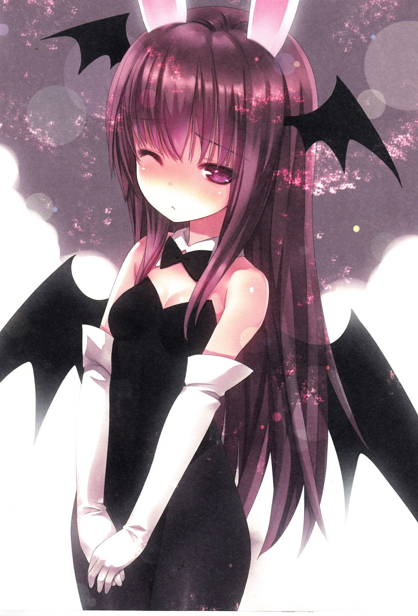alternate_costume animal_ears bat_wings black_dress blush bow bunny_ears bunnysuit detached_collar dress gloves head_wings highres kemonomimi_mode kiira koakuma long_hair looking_at_viewer non-web_source one_eye_closed pantyhose red_eyes red_hair scan scan_artifacts simple_background solo touhou white_gloves wings