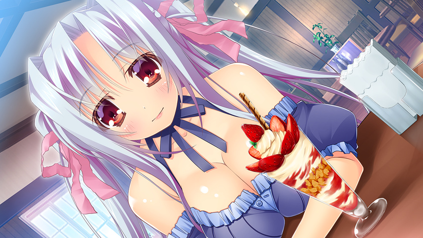 1girl blush breasts chair cleavage food fruit game_cg hair_ribbon highres huge_breasts ice_cream long_hair looking_at_viewer oono_tetsuya prism_princess_~futari_no_himekishi_to_kokan_no_monshou~ red_eyes restaurant ribbon sitting smile solo strawberry sundae table twintails white_hair