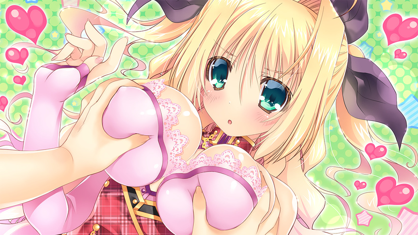 1girl blonde_hair blush breast_grab breasts cleavage game_cg grabbing green_eyes hair_ribbon heart highres huge_breasts long_hair looking_at_viewer oono_tetsuya open_mouth prism_princess_~futari_no_himekishi_to_kokan_no_monshou~ ribbon simple_background