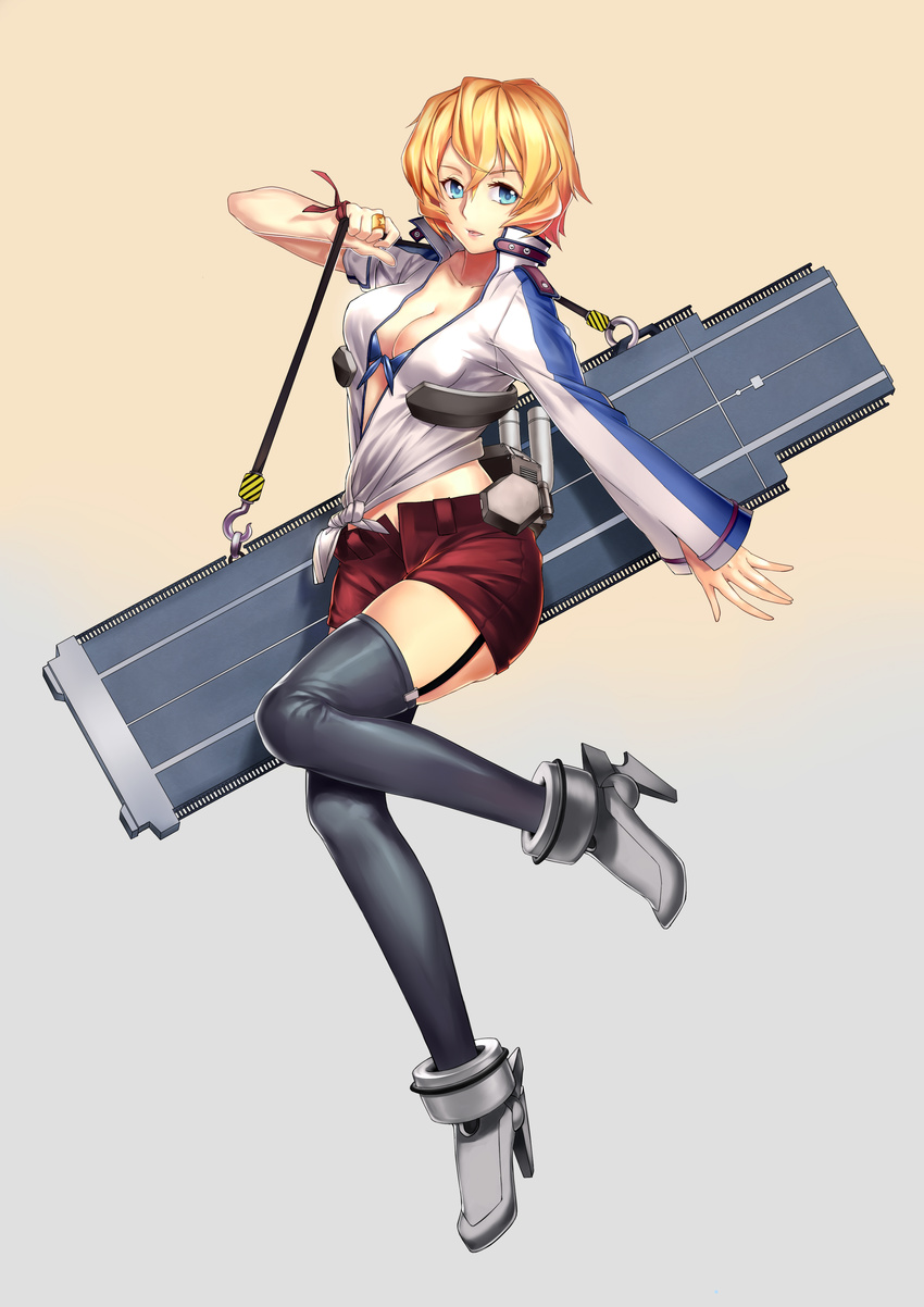 absurdres aircraft_carrier blonde_hair blue_eyes breasts front-tie_bikini front-tie_top garter_straps gradient gradient_background high_heels highres mecha_musume medium_breasts military military_vehicle niangsansansan personification ship short_hair short_shorts shorts solo star star-shaped_pupils symbol-shaped_pupils thighhighs uss_langley_(cv-1) warship watercraft zhan_jian_shao_nyu