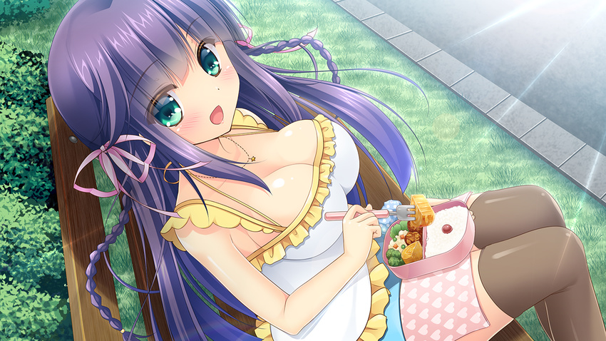 1girl bench black_legwear blush braid breasts cleavage food fork game_cg grass green_eyes happy highres huge_breasts legs long_hair looking_at_viewer oono_tetsuya open_mouth prism_princess_~futari_no_himekishi_to_kokan_no_monshou~ purple_hair rice sitting smile solo thighs