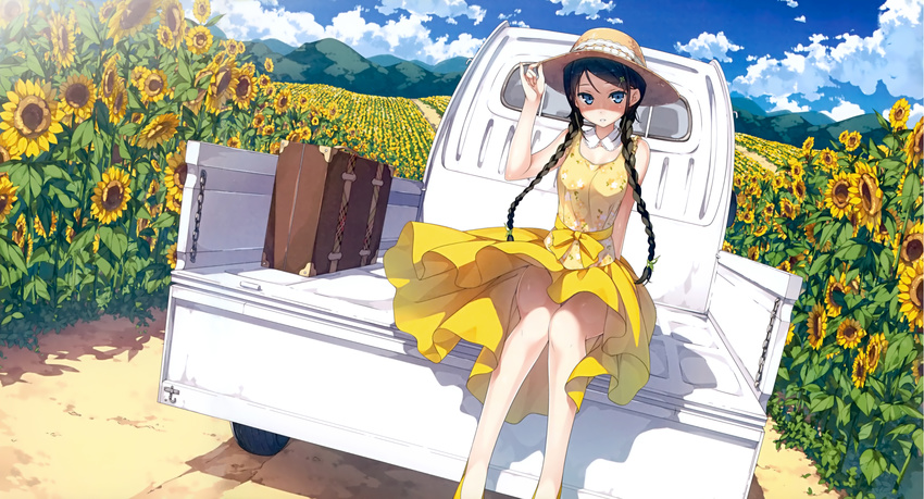 absurdres bare_legs bare_shoulders black_hair blue_eyes braid breasts cloud day detached_collar dress dutch_angle field flower flower_field ground_vehicle hair_ornament hair_over_shoulder hairclip hand_on_headwear hat highres kantoku light_smile looking_at_viewer medium_breasts miyaguchi_hiromi motor_vehicle no_socks original parted_lips scan shaded_face sitting sky solo straw_hat suitcase sun_hat sunflower truck twin_braids yellow_dress