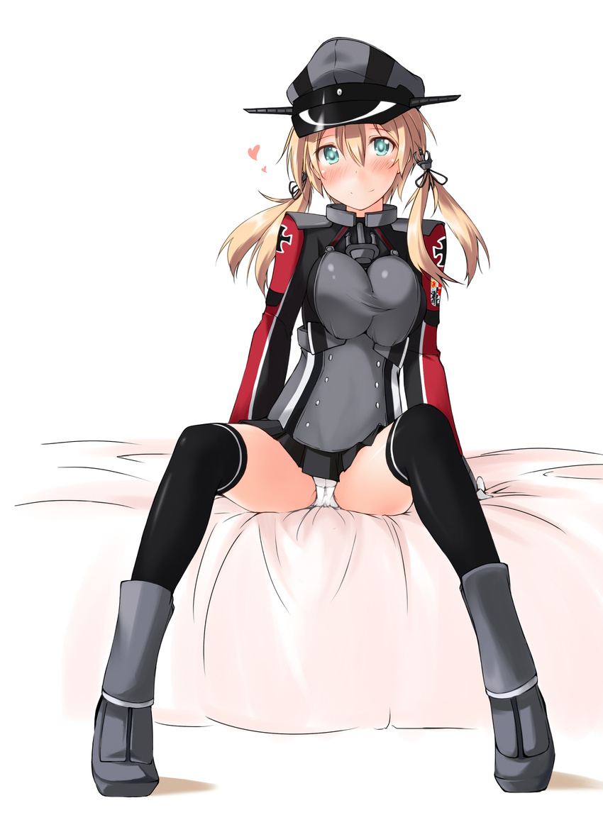 anchor_hair_ornament aqua_eyes bed_sheet between_legs black_legwear blonde_hair blue_eyes boots breast_squeeze breasts full_body hair_ornament hat heart highres iron_cross kaminagi_(kaminagi-tei) kantai_collection large_breasts long_hair long_sleeves looking_at_viewer military military_uniform on_bed panties pantyshot pantyshot_(sitting) peaked_cap prinz_eugen_(kantai_collection) short_hair short_twintails simple_background sitting smile solo thighhighs twintails underwear uniform white_background white_panties