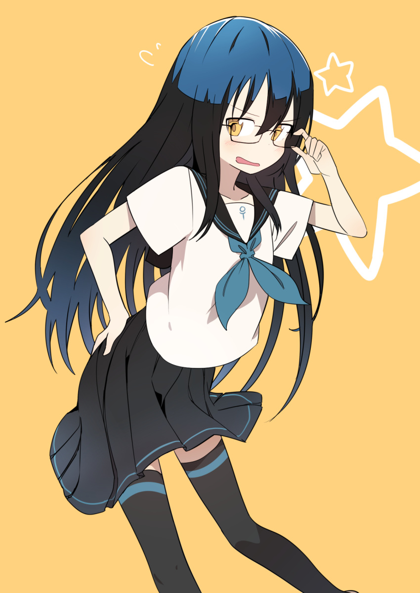 1girl black_hair black_legwear blouse blush bural_chingu hair_between_eyes highres ju_hyeon-mi long_hair looking_at_viewer luke_(dydansgur) neckerchief open_mouth pleated_skirt sailor_collar school_uniform serafuku skirt solo thigh_strap yellow_eyes