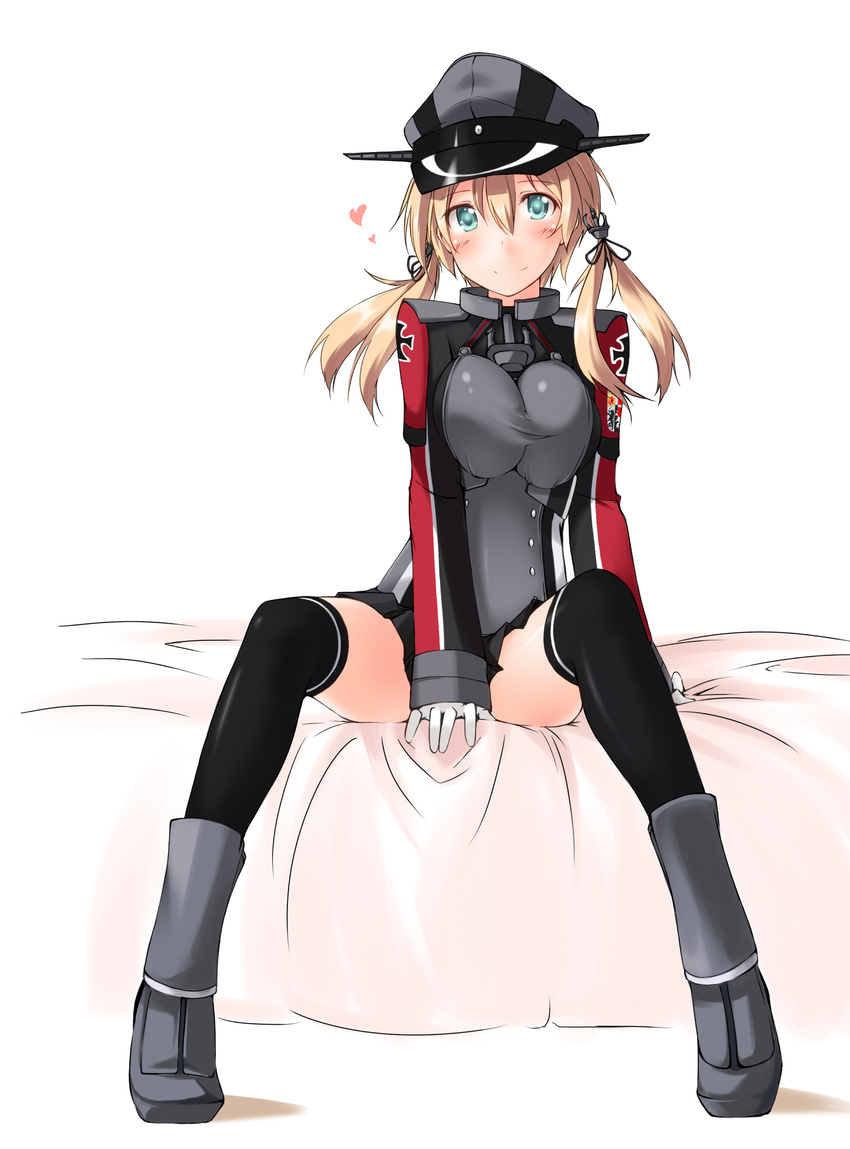anchor_hair_ornament aqua_eyes bed_sheet between_legs black_legwear blonde_hair blue_eyes boots breast_squeeze breasts full_body hair_ornament hand_between_legs hat heart highres iron_cross kaminagi_(kaminagi-tei) kantai_collection large_breasts long_hair long_sleeves looking_at_viewer military military_uniform on_bed peaked_cap prinz_eugen_(kantai_collection) short_hair short_twintails simple_background sitting smile solo thighhighs twintails uniform white_background zettai_ryouiki