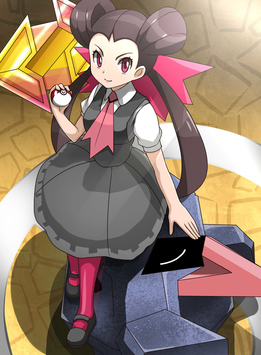alice360 ascot bad_id bad_pixiv_id badge brown_hair dress from_above full_body gen_3_pokemon grey_dress gym_leader gym_leader_badge hair_ornament hair_pulled_back highres holding holding_poke_ball long_hair mary_janes nosepass pantyhose pink_legwear poke_ball pokemon pokemon_(creature) pokemon_(game) pokemon_oras red_eyes shoes smile solo_focus stone_badge tsutsuji_(pokemon) twintails