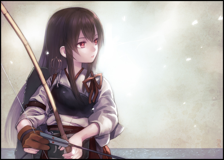 akagi_(kantai_collection) arrow bow_(weapon) brown_hair flight_deck gloves hakama_skirt highres japanese_clothes kantai_collection kiran light_smile looking_to_the_side muneate parted_lips partly_fingerless_gloves red_eyes solo tasuki upper_body weapon yugake
