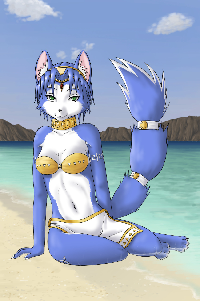 anthro barefoot beach blue_fur blue_hair canine chibi-usuratonkachi claws clothed clothing cloud female fox fur green_eyes hair hairband hi_res krystal mammal markings multicolored_fur navel nintendo sand seaside smile solo star_fox tailband toe_claws toes tribal_markings two_tone_fur video_games water white_fur