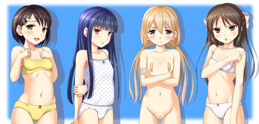 bandaid bandaid_on_pussy bandaids_on_nipples black_hair blue_background blue_hair bow bow_panties bra brown_eyes brown_hair futaba_anzu highres idolmaster idolmaster_cinderella_girls long_hair multiple_girls navel nude panties pasties polka_dot polka_dot_panties red_eyes sajou_yukimi sasaki_chie short_hair tachibana_arisu tarokennsann training_bra underwear underwear_only white_bra white_panties yellow_bra yellow_panties