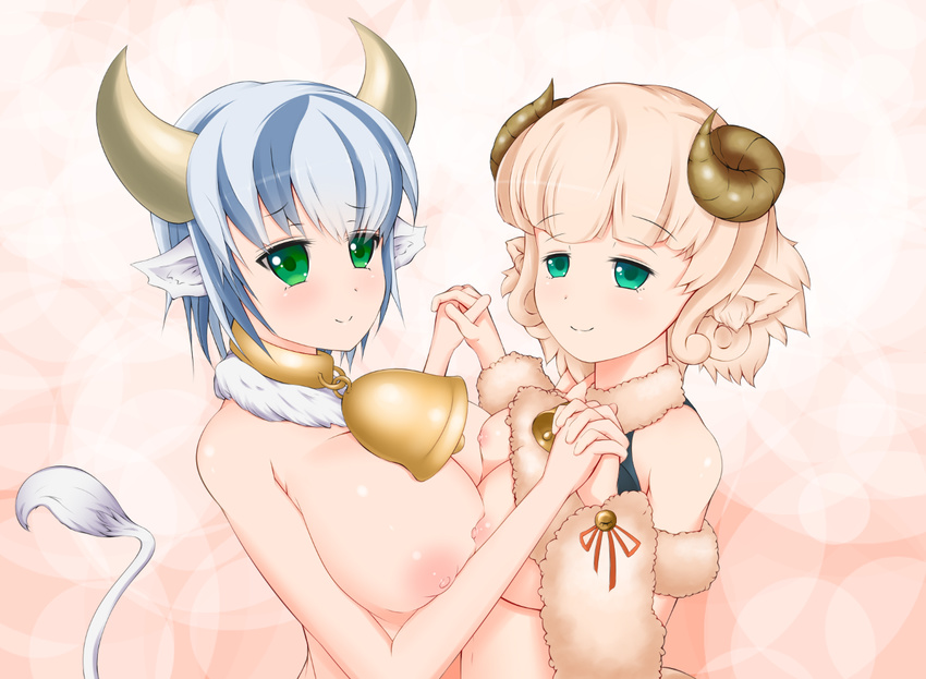animal_ears asymmetrical_docking bell bell_collar blonde_hair blush breast_press breasts collar cow_bell cow_ears cow_girl cow_tail fur green_eyes hands_together holding_hands holstaurus horns large_breasts looking_at_viewer monster_girl monster_girl_encyclopedia multicolored_hair multiple_girls nipples ribbon sheep_ears sheep_girl short_hair smile tail two-tone_hair weresheep whether