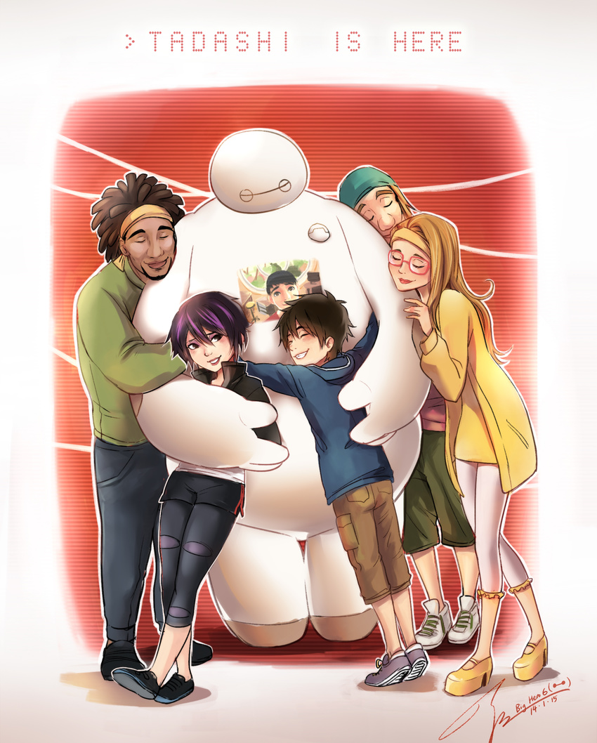 2girls 4boys baymax big_hero_6 black_hair brown_hair dark_skin disney fred_(big_hero_6) glasses gogo_tomago highres hiro_hamada honey_lemon honey_lemon_(big_hero_6) hug marvel multicolored_hair multiple_boys multiple_girls purple_hair robot tadashi_hamada two-tone_hair wasabi-no-ginger wasabi_(big_hero_6)