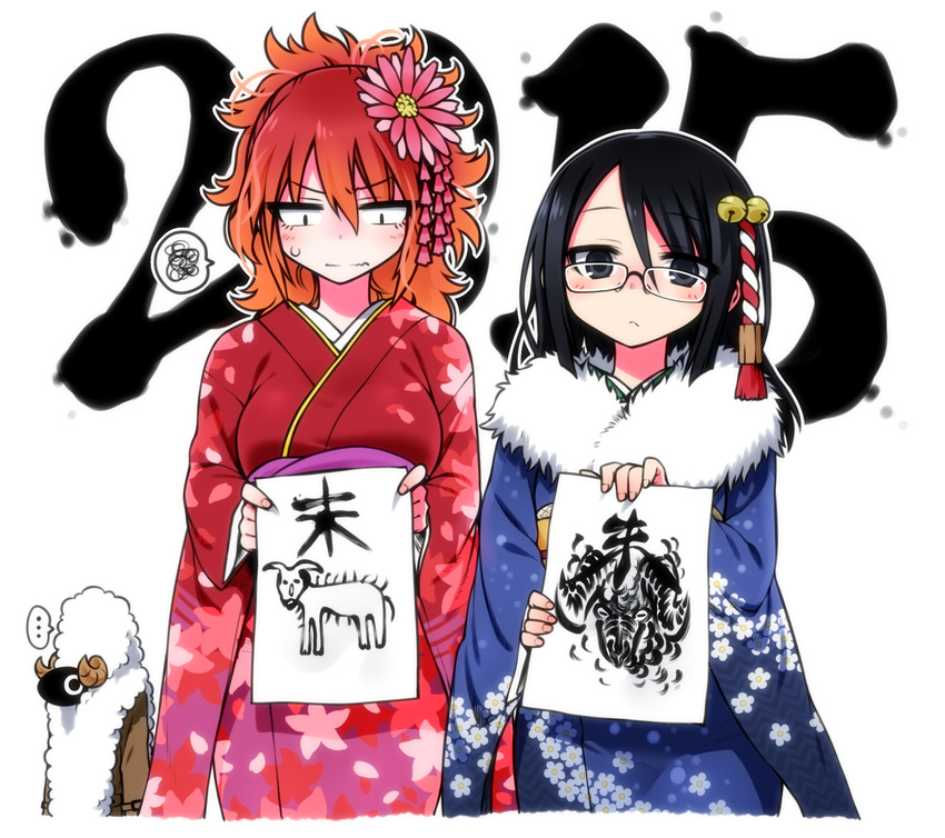 2015 2girls ann_blyth black_eyes black_hair drawing flower furisode glasses goat hair_flower hair_ornament highres japanese_clothes kimono multiple_girls orange_hair original sasashigure_miyo sheep yoshida_hideyuki