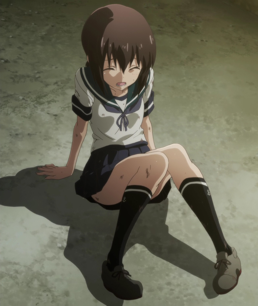 1girl bent_knees brown_hair eyes_closed fubuki_(kantai_collection) kantai_collection knees_together_feet_apart outdoors school_uniform screencap sitting_on_floor skirt thighs