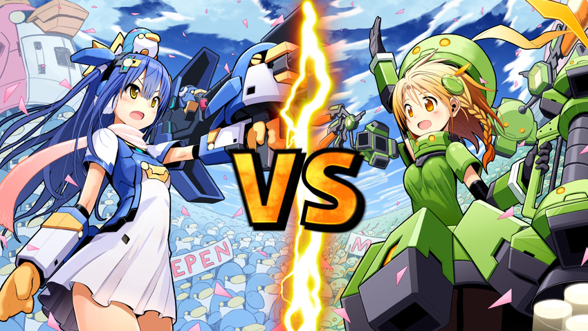 armor army blonde_hair blue_hair braid brown_eyes cloud confetti cosmic_break day dress earmuffs green_dress gun hair_ornament hat long_hair manimo manimo_girl mascot mecha mecha_musume mittens morizo_cs multiple_girls open_mouth pepen pepen_girl personification robot scarf sign skirt sky smile vs weapon wind yellow_eyes