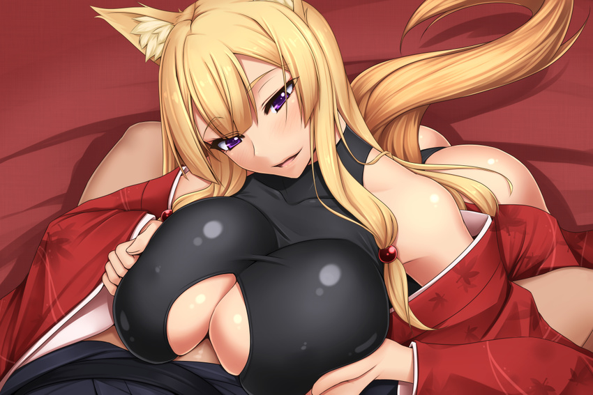 animal_ears ass autumn_leaves bare_shoulders blonde_hair breast_squeeze breasts bridal_gauntlets cleavage_cutout collarbone floral_print fox_ears fox_tail girl_on_top japanese_clothes kimono large_breasts leotard multiple_tails off_shoulder original paizuri paizuri_under_clothes purple_eyes shuugetsu_karasu smirk solo tail underboob wide_sleeves