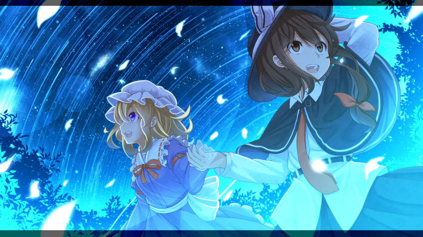 bow capelet dress frilled_dress frills hair_ribbon hand_on_headwear hand_up hat highres holding holding_hands long_sleeves maribel_hearn mob_cap multiple_girls necktie night night_sky purple_dress ribbon shirt skirt sky star_(sky) star_trail stargazing starry_sky tamahana touhou usami_renko when_you_see_it