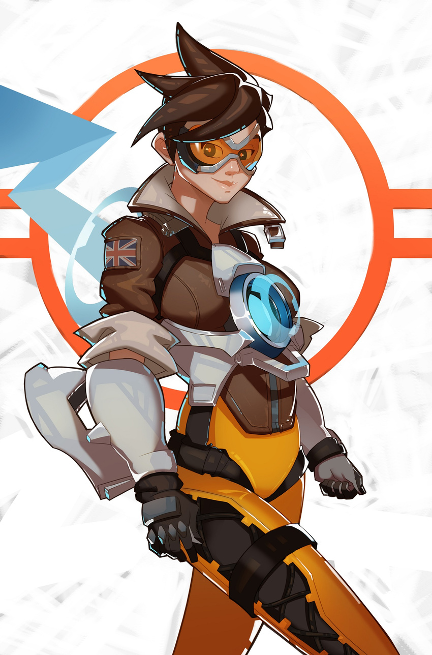 bodysuit brown_eyes brown_hair gloves goggles highres looking_at_viewer orange_bodysuit overwatch short_hair simple_background smile solo spiked_hair splashbrush tracer_(overwatch) union_jack white_background