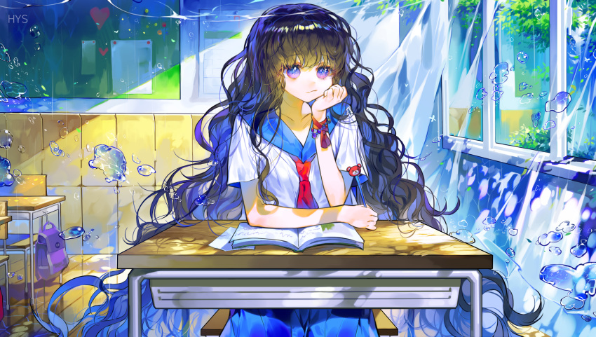 1girl :3 arm_support backpack bag black_hair blue_eyes blue_hair blue_sailor_collar calendar_(object) chalkboard chin_rest classroom closed_mouth commentary curtains day english_commentary fantasy gradient_hair hayanse heart highres holding holding_pencil indoors long_hair looking_at_viewer multicolored_hair necktie original pencil purple_backpack red_neckwear sailor_collar shiny_floor sitting smile solo sunlight two-tone_hair very_long_hair water white_curtains window