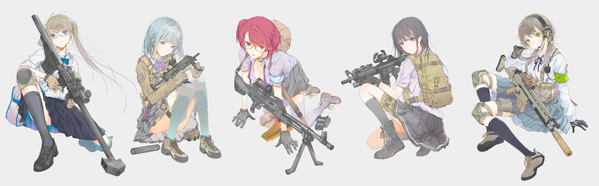 aimpoint anti-materiel_rifle ar-15 assault_rifle backpack bag barrett_m82 black_hair blue_eyes blue_hair bookbag character_request elcan_scope fn_scar fn_scar_17 fuyuno_haruaki grey_hair gun h&amp;k_mp7 heckler_&amp;_koch highres knee_pads kneehighs light_machine_gun little_armory long_image m82a2 mk_18_carbine multiple_girls muzzle_brake red_eyes red_hair renboshi_fumina rifle scope shirane_rin skirt sniper sniper_rifle stanag_magazine submachine_gun suppressor thighhighs twintails weapon wide_image