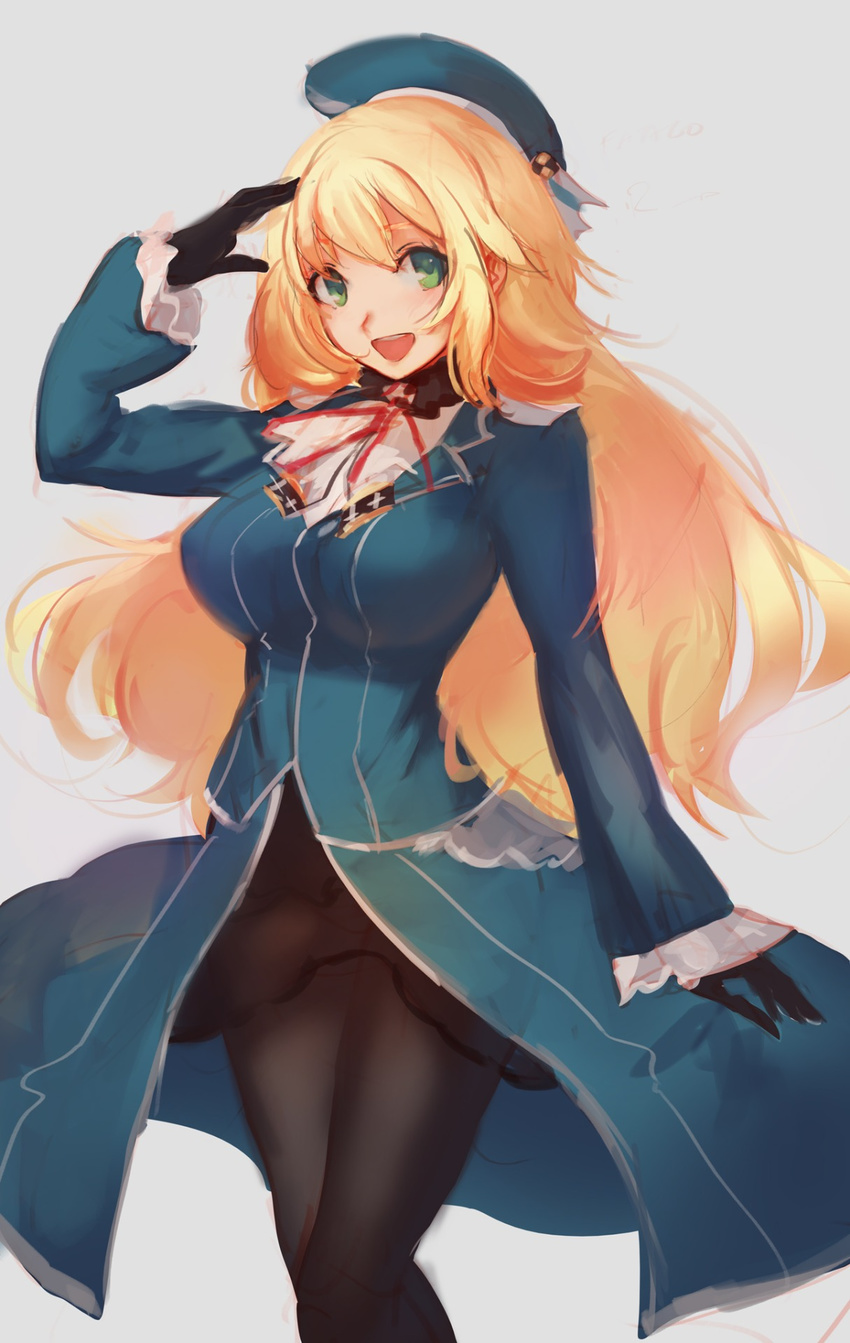 atago_(kantai_collection) black_gloves black_legwear blonde_hair blush breasts downscaled gloves green_eyes hat highres kantai_collection large_breasts long_hair looking_at_viewer md5_mismatch military military_uniform open_mouth pantyhose resized saimon_ma salute simple_background sketch smile solo uniform