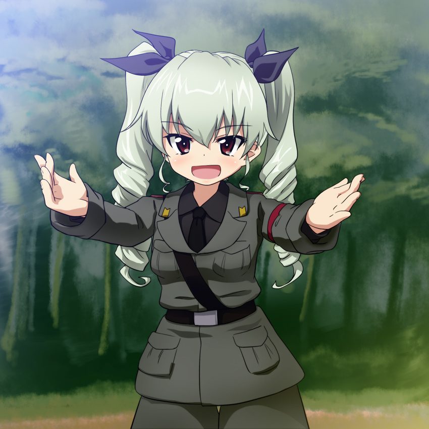 anchovy anzio_military_uniform belt black_shirt blush dress_shirt drill_hair girls_und_panzer green_hair grey_jacket grey_pants hair_ribbon highres jacket long_hair long_sleeves military military_uniform necktie open_mouth outdoors pants reaching red_eyes ribbon shirt shoulder_belt smile solo standing tsubasa_(abchipika) twin_drills twintails uniform