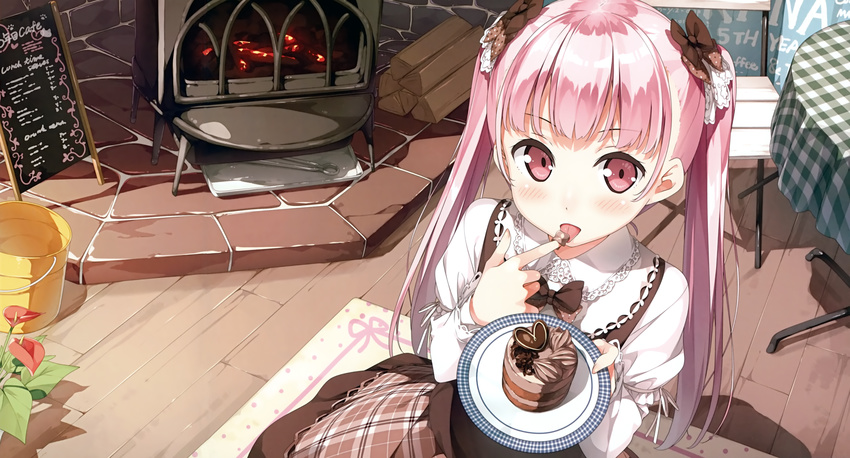 absurdres anthurium blush bow bucket cake chair chalkboard chocolate dress english finger_licking finger_to_mouth fireplace flower food from_above hair_ornament heart highres kantoku licking lolita_fashion long_hair looking_at_viewer menu_board miyaguchi_kanna original pink_eyes pink_hair plate scan solo sweet_lolita table tablecloth tongue tongue_out twintails