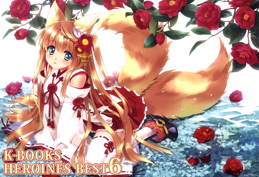 :d absurdres animal_ears blonde_hair camellia carnelian detached_sleeves flower fox_ears fox_tail green_eyes hair_flower hair_ornament highres huge_filesize japanese_clothes kimono kimono_skirt leaf long_hair looking_at_viewer miko multiple_tails open_mouth plant red_flower red_rose rose sitting smile tail thighhighs two_tails very_long_hair wariza water white_legwear