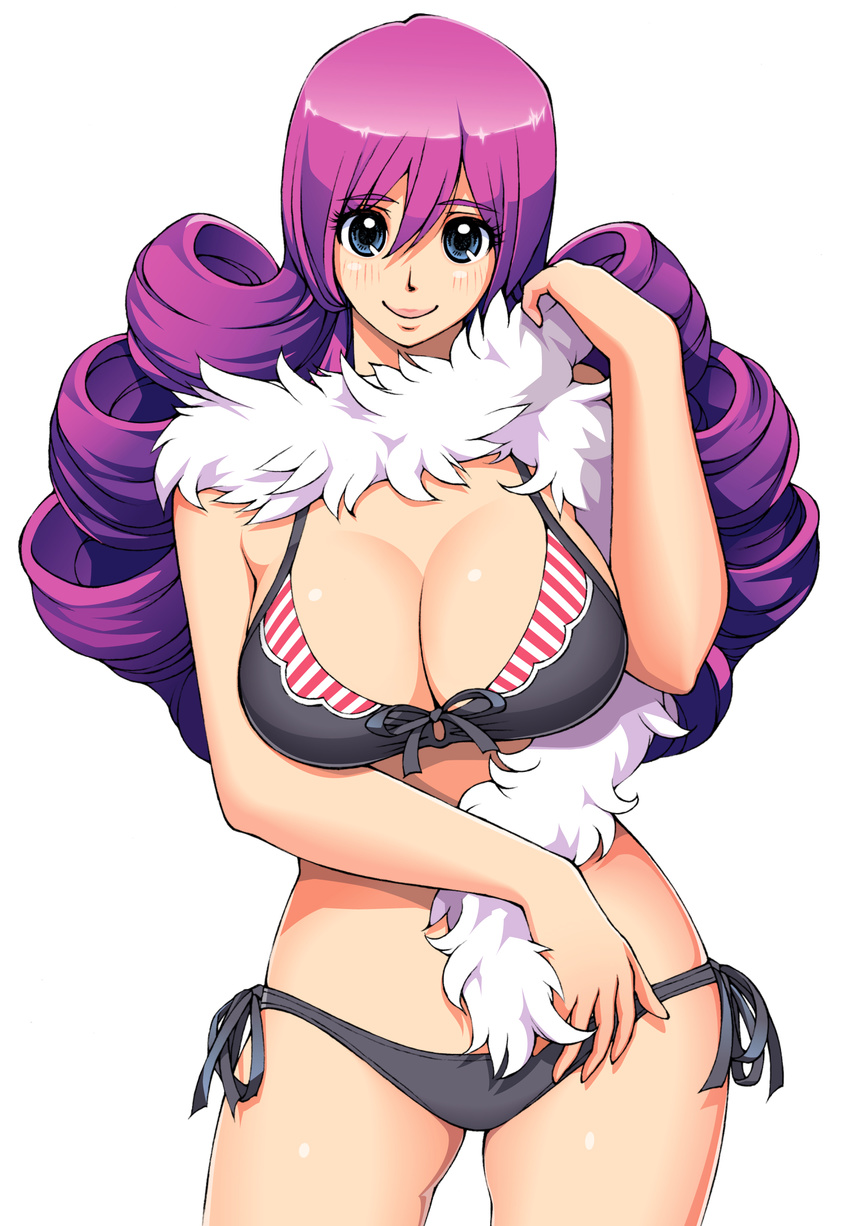 absurdres alternate_costume bikini black_bikini blue_eyes blush breasts cleavage curly_hair dragon_quest dragon_quest_iii feather_boa highres large_breasts long_hair looking_at_viewer masayan_(minor-ms) purple_hair side-tie_bikini simple_background smile soldier_(dq3) solo swimsuit very_long_hair white_background