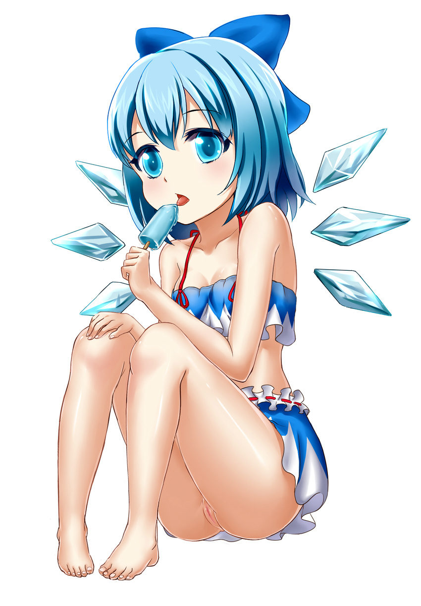 adapted_costume alternate_costume ass bare_shoulders barefoot blue_eyes blue_hair cirno fairy food frills full_body hair_ornament hair_ribbon highres ice ice_wings kohinata_(sdu0628) looking_at_viewer midriff open_mouth popsicle pussy ribbon sexually_suggestive shirt short_hair simple_background sitting skirt skirt_set sleeveless solo tongue tongue_out touhou vest white_background wings