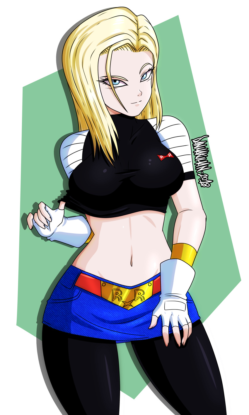 1girl android_18 artist_name black_legwear blonde_hair blue_eyes breasts closed_mouth crop_top danmakuman dated denim denim_skirt dragonball_z fingerless_gloves forehead gloves large_breasts long_hair looking_at_viewer midriff navel pantyhose short_sleeves skirt solo standing white_background white_gloves