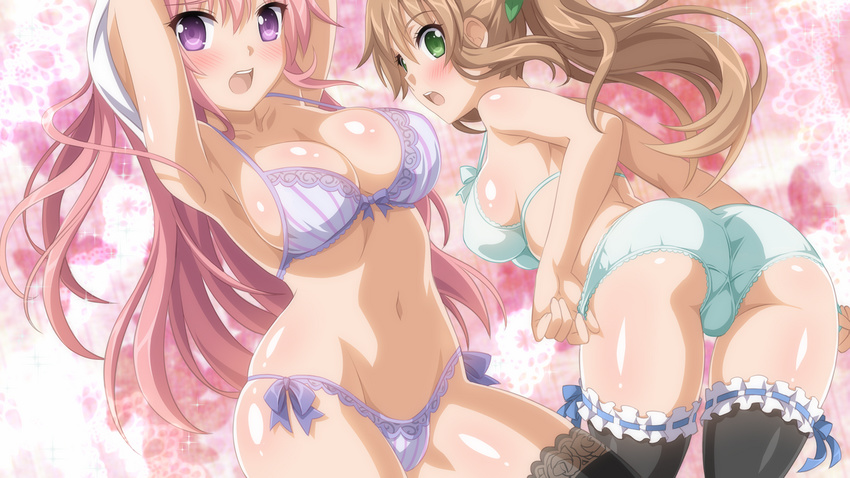 :o aqua_bra aqua_panties armpits arms_behind_head arms_up ass back bangs bent_over black_legwear blush bow bow_bra bow_panties bra breasts brown_hair cleavage collarbone cowboy_shot frills from_behind game_cg garters green_eyes groin hair_between_eyes hair_ornament high_ponytail hikari_(sakura_angels) hips lace lace-trimmed_bra lace-trimmed_panties lace-trimmed_thighhighs lace_background large_breasts lingerie long_hair looking_at_viewer looking_back lowleg lowleg_panties multiple_girls navel open_mouth panties panty_pull pink_background pink_hair ponytail purple_bra purple_eyes purple_panties ribbon_trim sakura_angels sayaka_(sakura_angels) shiny shiny_skin shirt shirt_lift sideboob sidelocks skindentation sparkle standing strap_gap striped striped_bra striped_panties surprised thighhighs trefoil underwear underwear_only undressing vertical_stripes very_long_hair wanaca