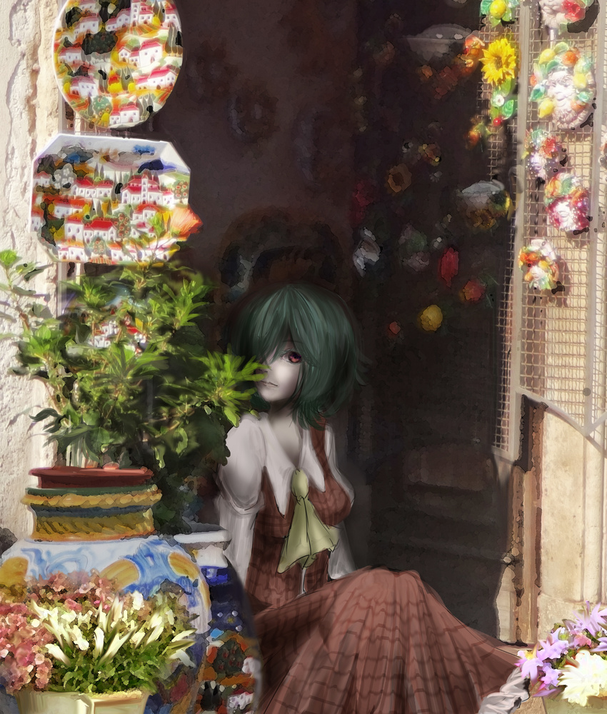 absurdres ascot bad_id bad_pixiv_id breasts building collared_shirt flower green_hair highres kazami_yuuka knees_together_feet_apart lips long_sleeves looking_at_viewer looking_to_the_side medium_breasts painting_(object) plaid plaid_skirt plaid_vest plant potted_plant pottery red_eyes shade shi_keita shirt short_hair sitting sketch skirt smile solo sunlight touhou town vase vest