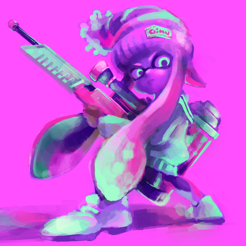 1girl beanie coat domino_mask female gun hat highres hood hoodie inkling mask neon nintendo sneakers solo splatoon tentacle_hair twintails weapon