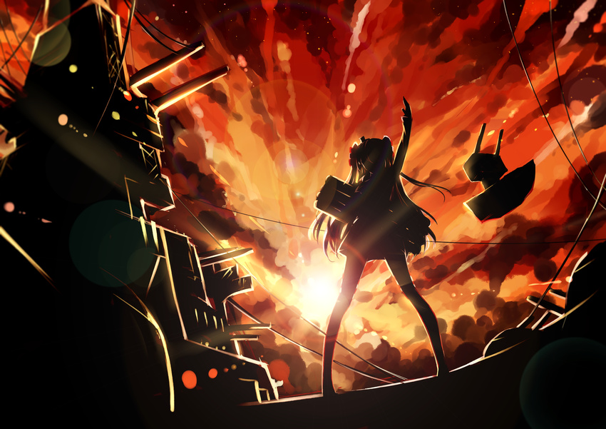 absurdres amatsukaze_(kantai_collection) backlighting cannon cloud cloudy_sky full_body hair_tubes highres kantai_collection lens_flare long_hair long_sleeves looking_at_viewer military military_vehicle orange_sky outdoors rensouhou-kun school_uniform serafuku ship silhouette sky solo striped striped_legwear sunburst sunset thighhighs turret two_side_up very_long_hair warship watercraft waving yamano_(yamanoh)