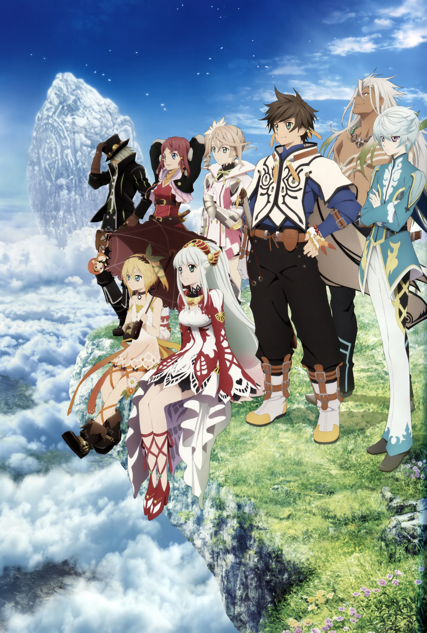 4girls absurdres alisha_diphda black_choker black_hat black_pants brown_hair choker dezel_(tales) edna_(tales) hat highres lailah_(tales) leg_ribbon long_hair mikleo_(tales) multiple_boys multiple_girls normin_(tales) official_art pants ribbon rose_(tales) sitting sorey_(tales) standing tales_of_(series) tales_of_zestiria very_long_hair zaveid_(tales)