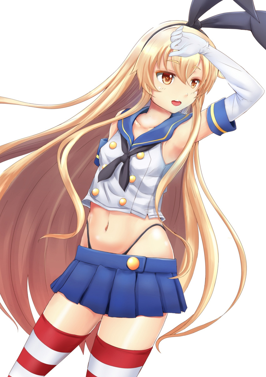 :d anchor_hair_ornament arm_up armpits black_panties blonde_hair breasts chiyo_goya collarbone cowboy_shot dutch_angle elbow_gloves gloves hair_ornament hairband highleg highleg_panties highres kantai_collection long_hair looking_to_the_side microskirt midriff navel neckerchief open_mouth panties pleated_skirt shimakaze_(kantai_collection) simple_background skirt sleeveless small_breasts smile solo striped striped_legwear thighhighs underwear very_long_hair white_background white_gloves yellow_eyes zettai_ryouiki