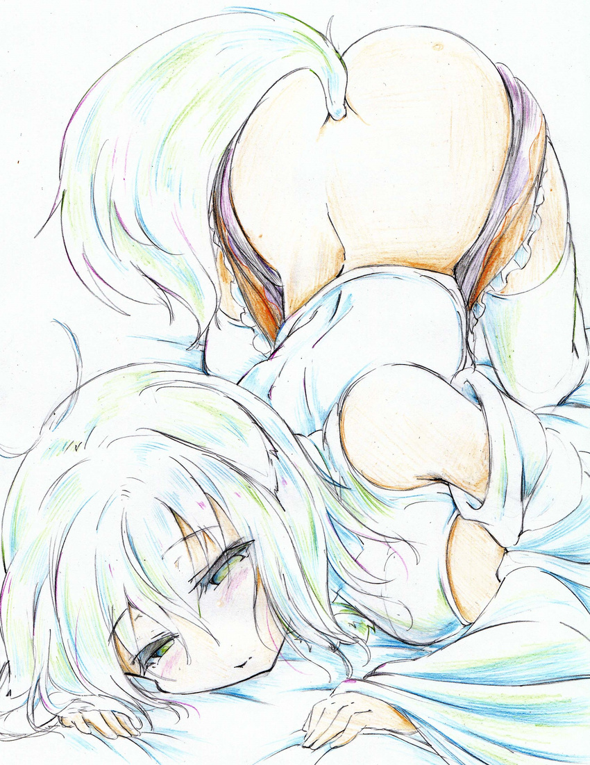 absurdres animal_ears ass bare_shoulders bent_over blush breasts color_trace colored_pencil_(medium) detached_sleeves ears_down green_eyes highres inubashiri_momiji kitazinger large_breasts no_hat no_headwear short_hair solo tail thighhighs top-down_bottom-up touhou traditional_media white_hair wolf_ears wolf_tail
