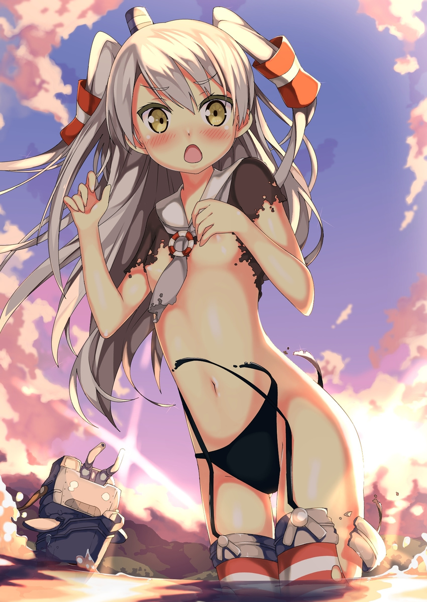 amatsukaze_(kantai_collection) blush breasts brown_eyes garter_straps hair_tubes highres kantai_collection kantoku_(style) kawai long_hair looking_at_viewer navel nipple_slip nipples open_mouth panties rensouhou-kun school_uniform silver_hair small_breasts striped striped_legwear thighhighs torn_clothes torn_legwear torn_panties two_side_up underwear windsock