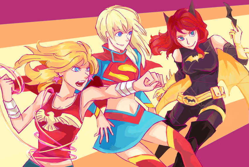 3girls barbara_gordon bat bat_(symbol) batgirl batman_(series) belt bird blonde_hair blue_eyes boots cape cassandra_sandsmark dc_comics eagle eagle_(symbol) kryptonian lasso mask midriff multiple_girls red_hair s_shield skirt supergirl superman_(series) tank_top thigh_boots thighhighs trio wonder_girl wonder_woman_(series)