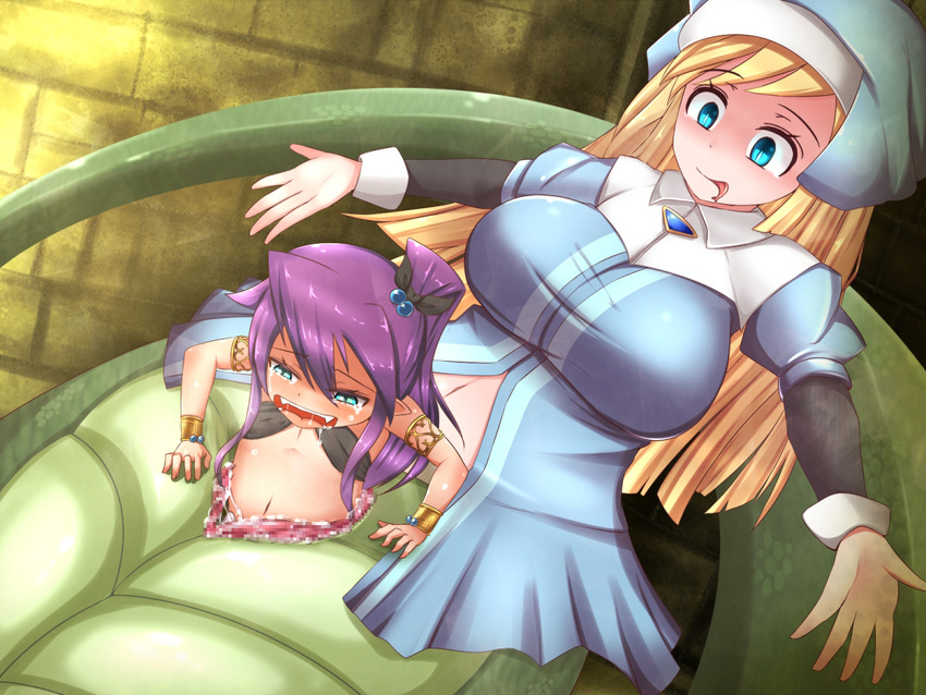 aqua_eyes bad_end blonde_hair bracelet breasts evil_grin evil_smile flat_chest green_eyes grin jewelry lamia large_breasts long_hair mon-musu_quest! monster_girl multiple_girls navel nun purple_hair ring saliva scared shaded_face sister_lamia smile tail teal_eyes tears tiny_lamia tongue unbirthing vore