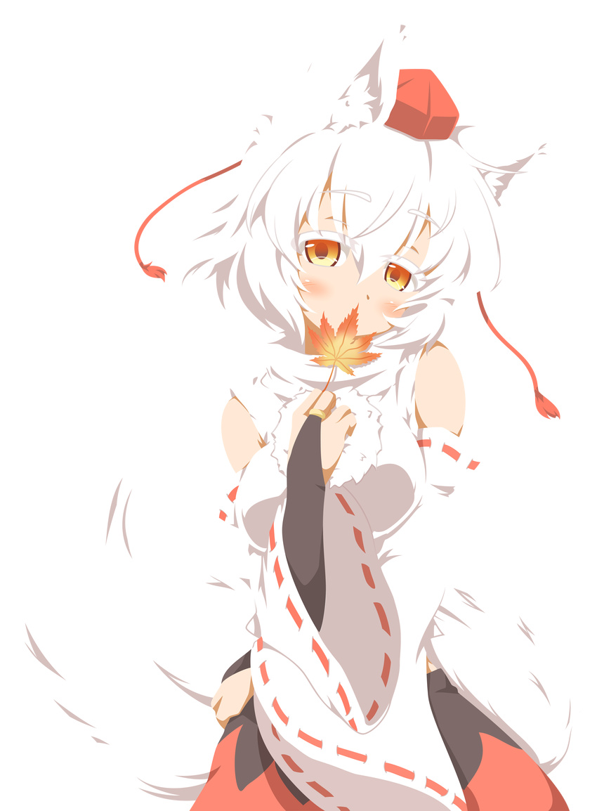 1girl absurdres animal_ears blush breasts convention_greeting detached_sleeves hat highres inubashiri_momiji leaf looking_at_viewer maple_leaf md5_mismatch neko_yume red_eyes ribbon-trimmed_sleeves ribbon_trim short_hair skirt solo tail tokin_hat touhou transparent_background white_hair wolf_ears wolf_tail