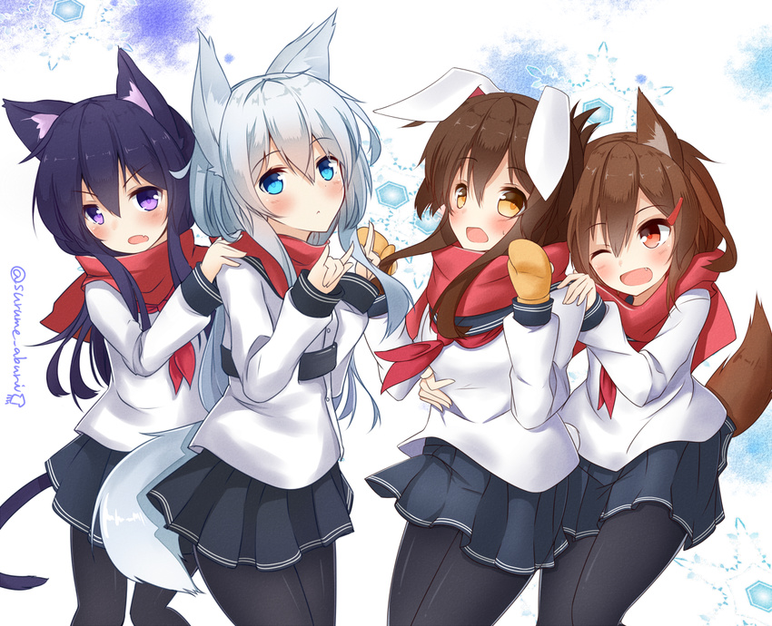 akatsuki_(kantai_collection) animal_ears black_hair blue_eyes brown_eyes brown_hair bunny_ears bunny_tail cat_ears cat_tail fang folded_ponytail hibiki_(kantai_collection) ikazuchi_(kantai_collection) inazuma_(kantai_collection) kantai_collection long_hair multiple_girls pantyhose purple_eyes scarf school_uniform serafuku short_hair silver_hair surume_aburi tail