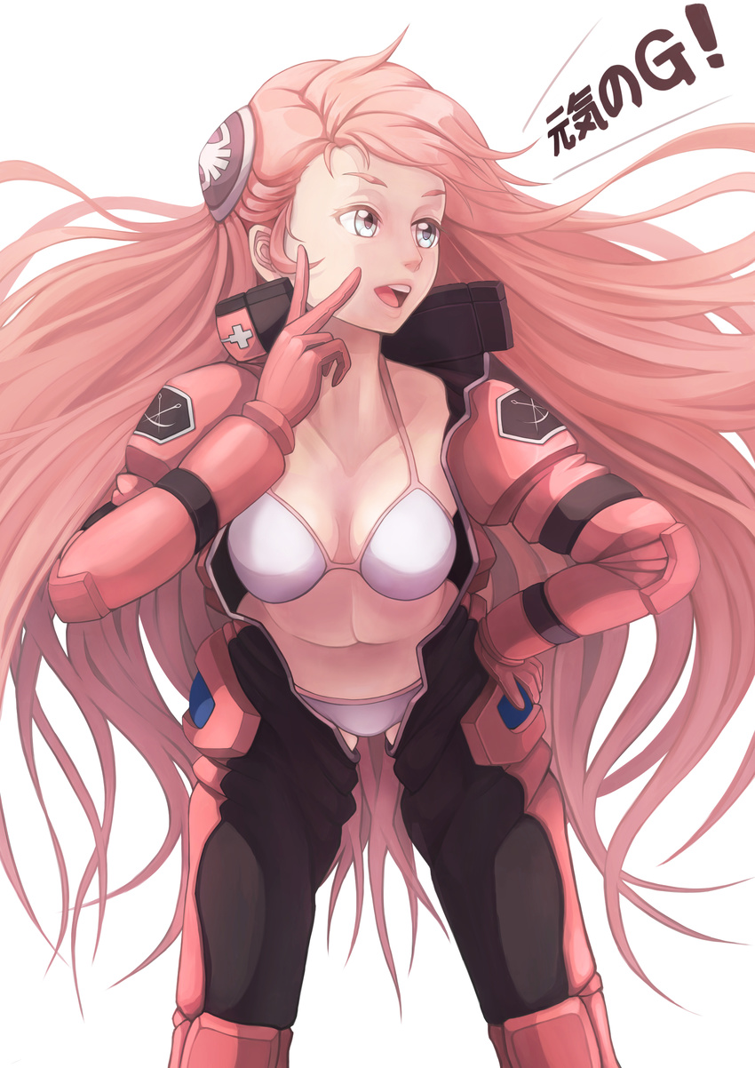 :d absurdres aida_rayhunton bad_id bad_pixiv_id bangs blue_eyes bodysuit bra breasts cowboy_shot gloves grey_eyes gundam gundam_g_no_reconguista hair_ornament hand_on_hip high_collar highres long_hair long_sleeves looking_to_the_side medium_breasts minusion open_clothes open_mouth open_shirt panties pilot_suit pink_bodysuit pink_hair shirt simple_background smile solo standing swept_bangs underwear v very_long_hair white_background white_bra white_panties