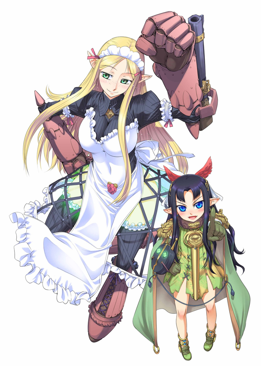absurdres anklet apron blonde_hair blue_eyes blue_hair blush boots breasts cannon cape clenched_hand elbow_gloves fangs flower freckles frills gloves green_eyes gun highres jewelry koume_keito large_breasts long_hair maid multiple_girls pointy_ears queen's_blade queen's_blade_rebellion raised_fist thighhighs vante weapon yuit_(queen's_blade)